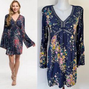 Love Stitch Domino Floral Mini Dress Bell Sleeves Blue Long Sleeve Lattice Sz M